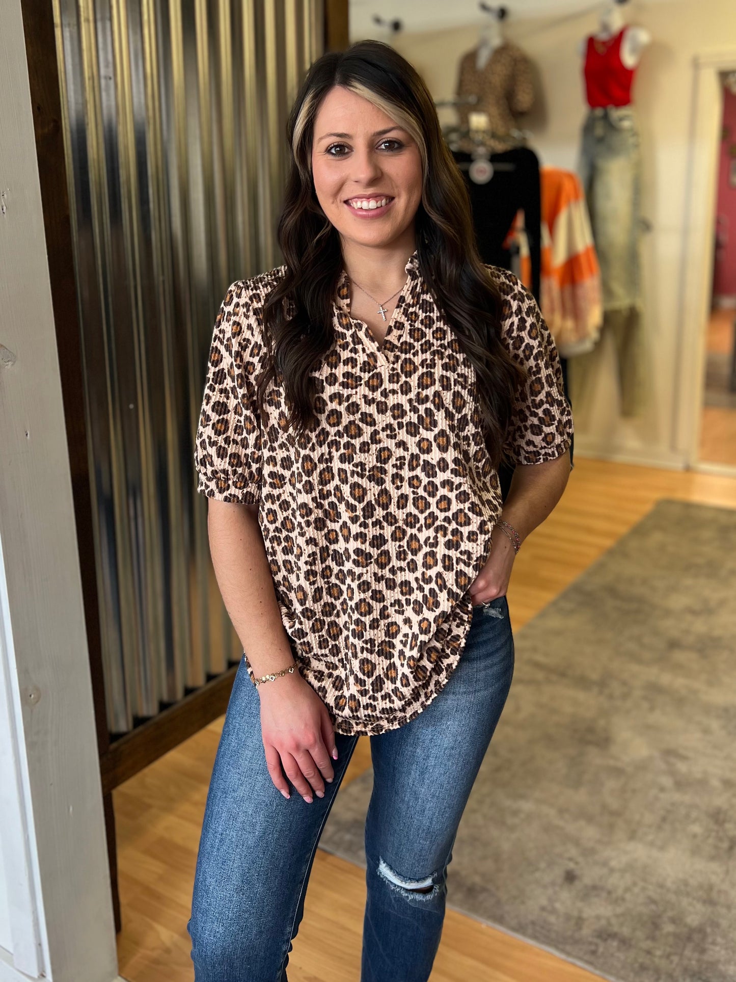 Puff Sleeve V Neck Leopard Top