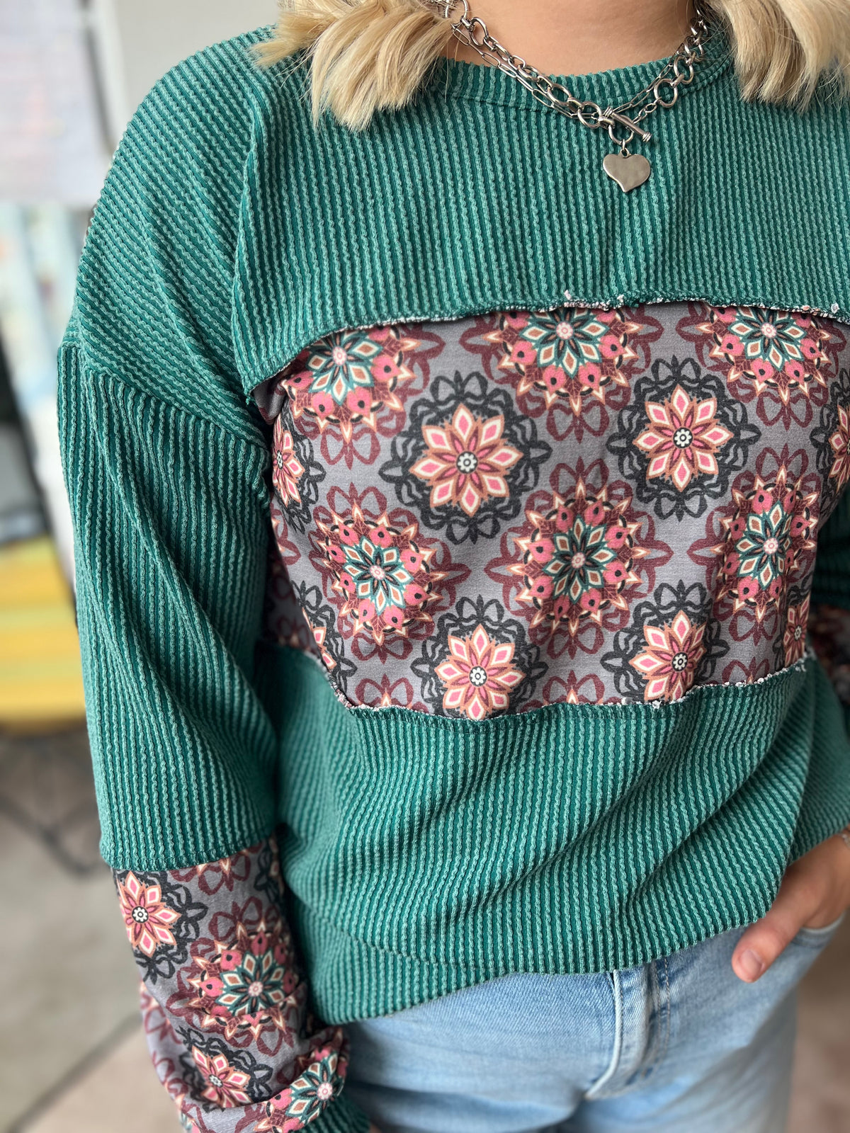 Floral Patchwork Top, Hunter Green