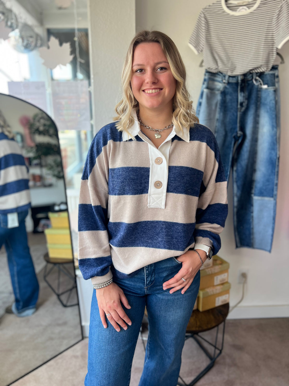 Striped Hacci Polo Sweater, Navy