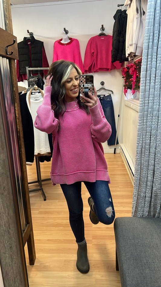 Oversized Side Slit Sweater, Washed Pink