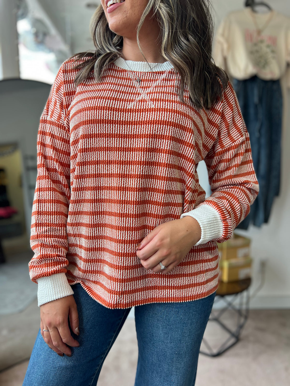 Raised Rib Striped Top, Burnt Orange