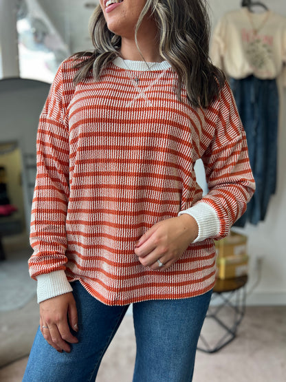 Raised Rib Striped Top, Burnt Orange