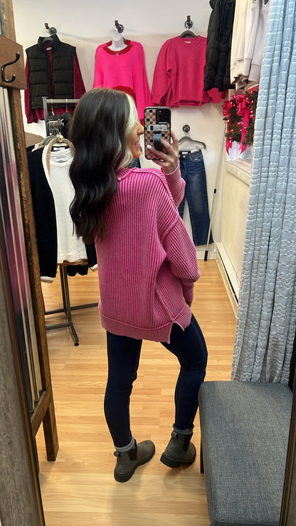 Oversized Side Slit Sweater, Washed Pink