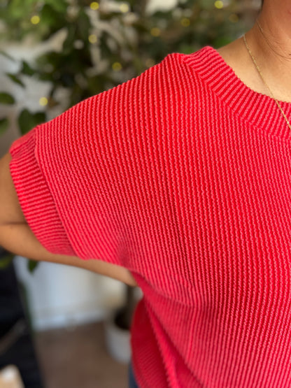 Raised Rib Cap Sleeve, Ruby