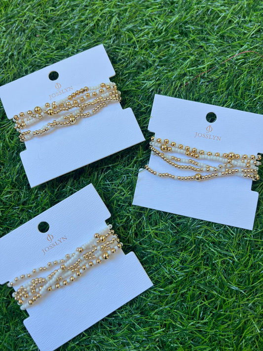 Gold Ball Chain Beaded Bracelet Set, Off White