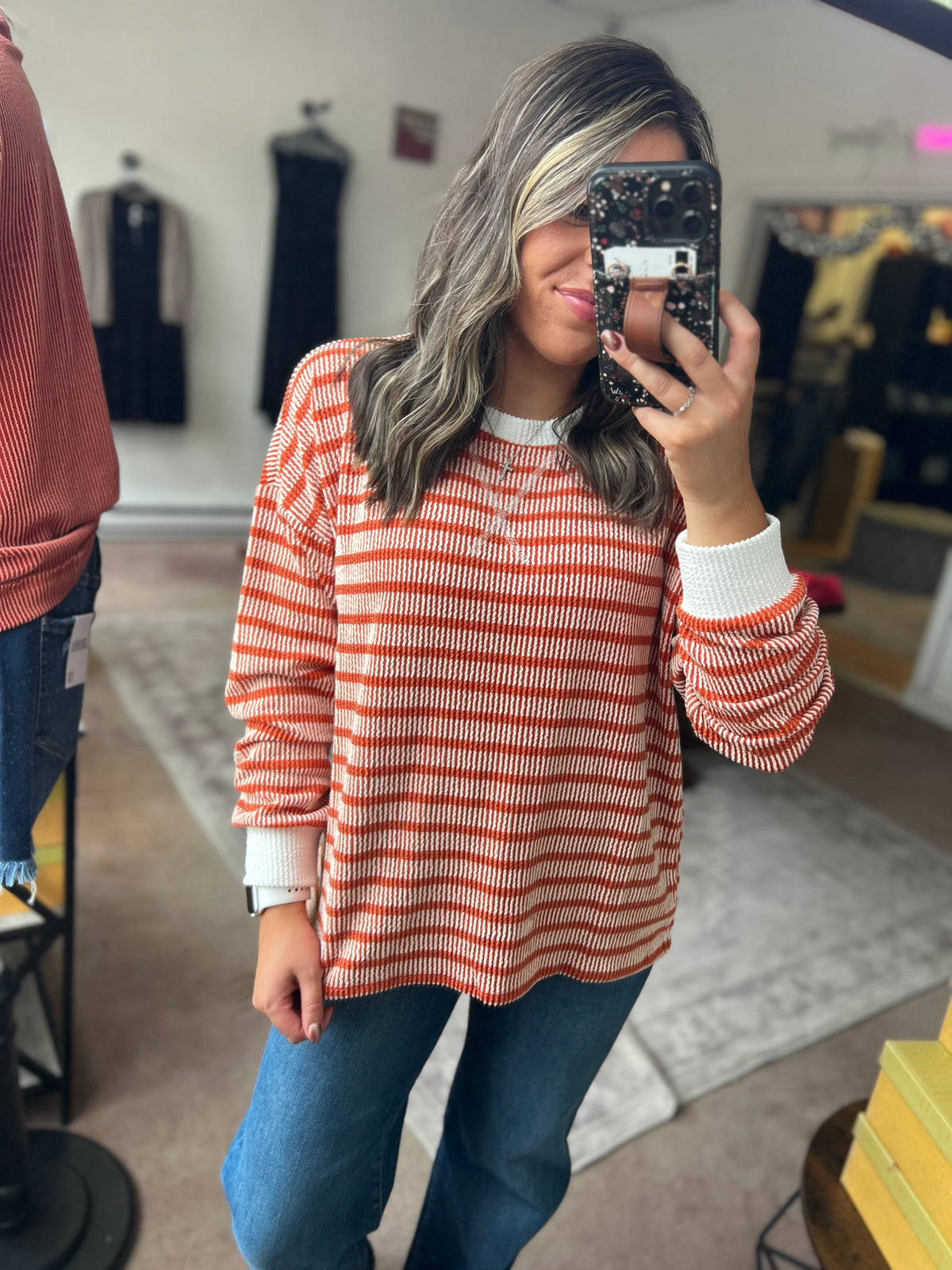 Raised Rib Striped Top, Burnt Orange