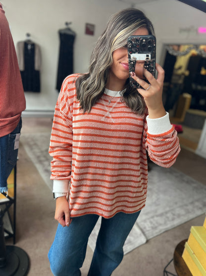 Raised Rib Striped Top, Burnt Orange