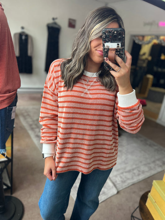 Raised Rib Striped Top, Burnt Orange