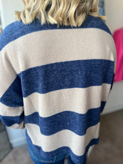 Striped Hacci Polo Sweater, Navy