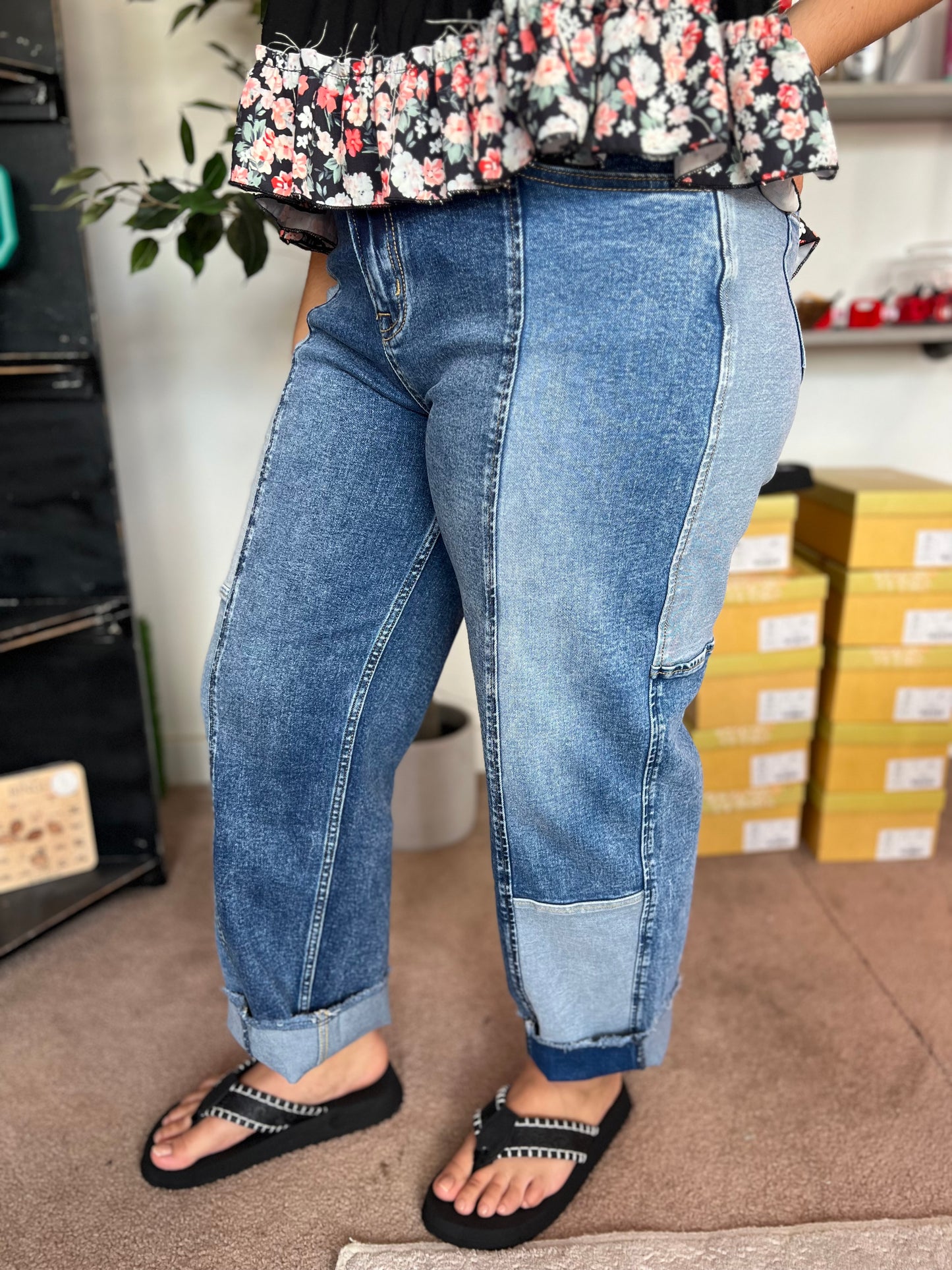 Patchwork Slim Barrel Crop Jean