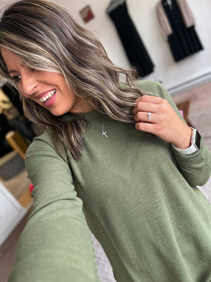 Baby Waffle Long Sleeve Top, Olive
