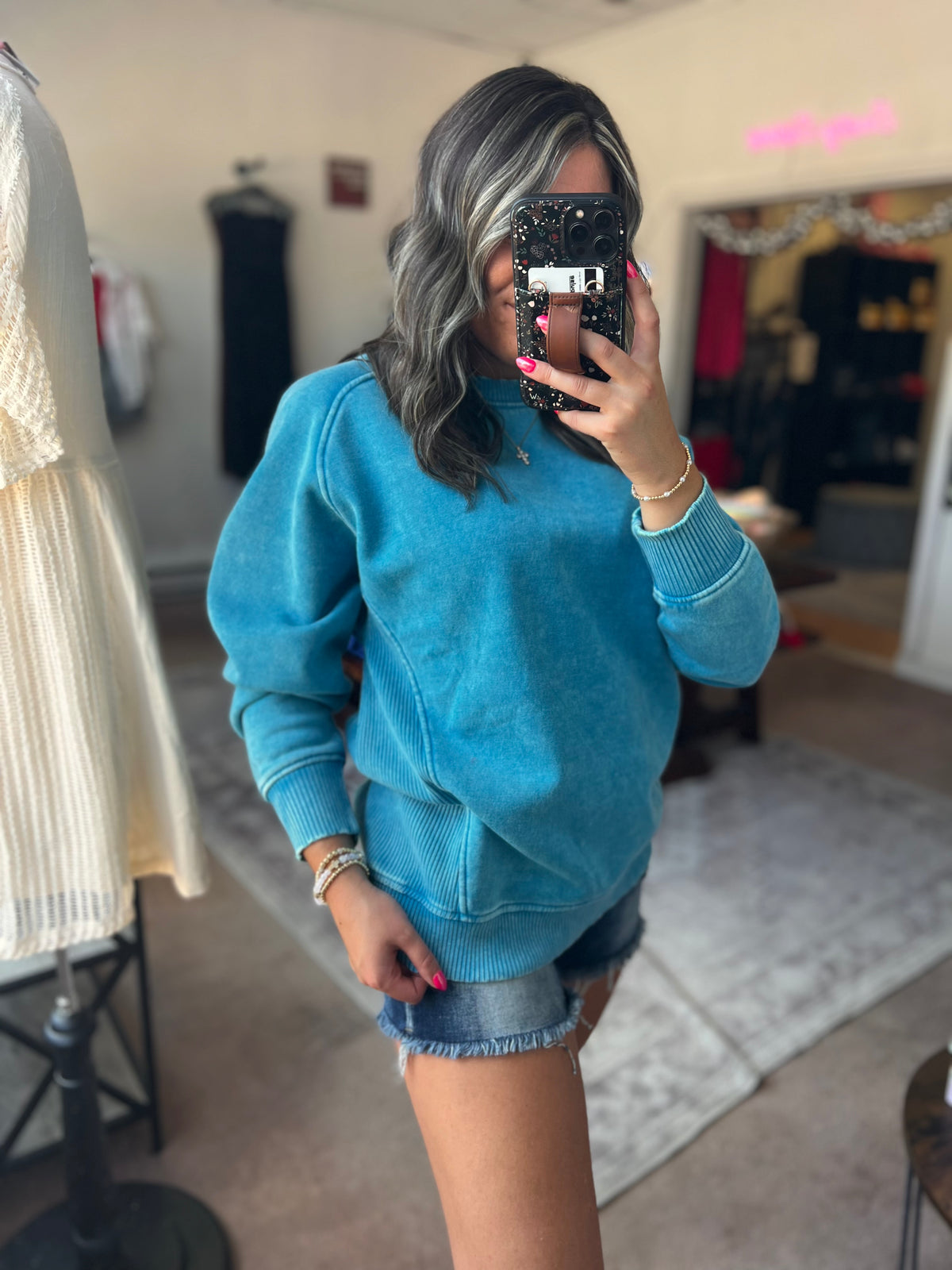 Acid Washed Fleece Sweatshirt, Blue