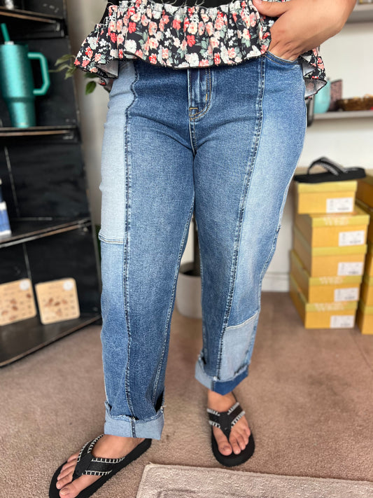 Patchwork Slim Barrel Crop Jean