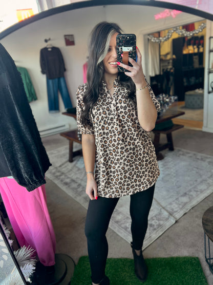 Puff Sleeve V Neck Leopard Top