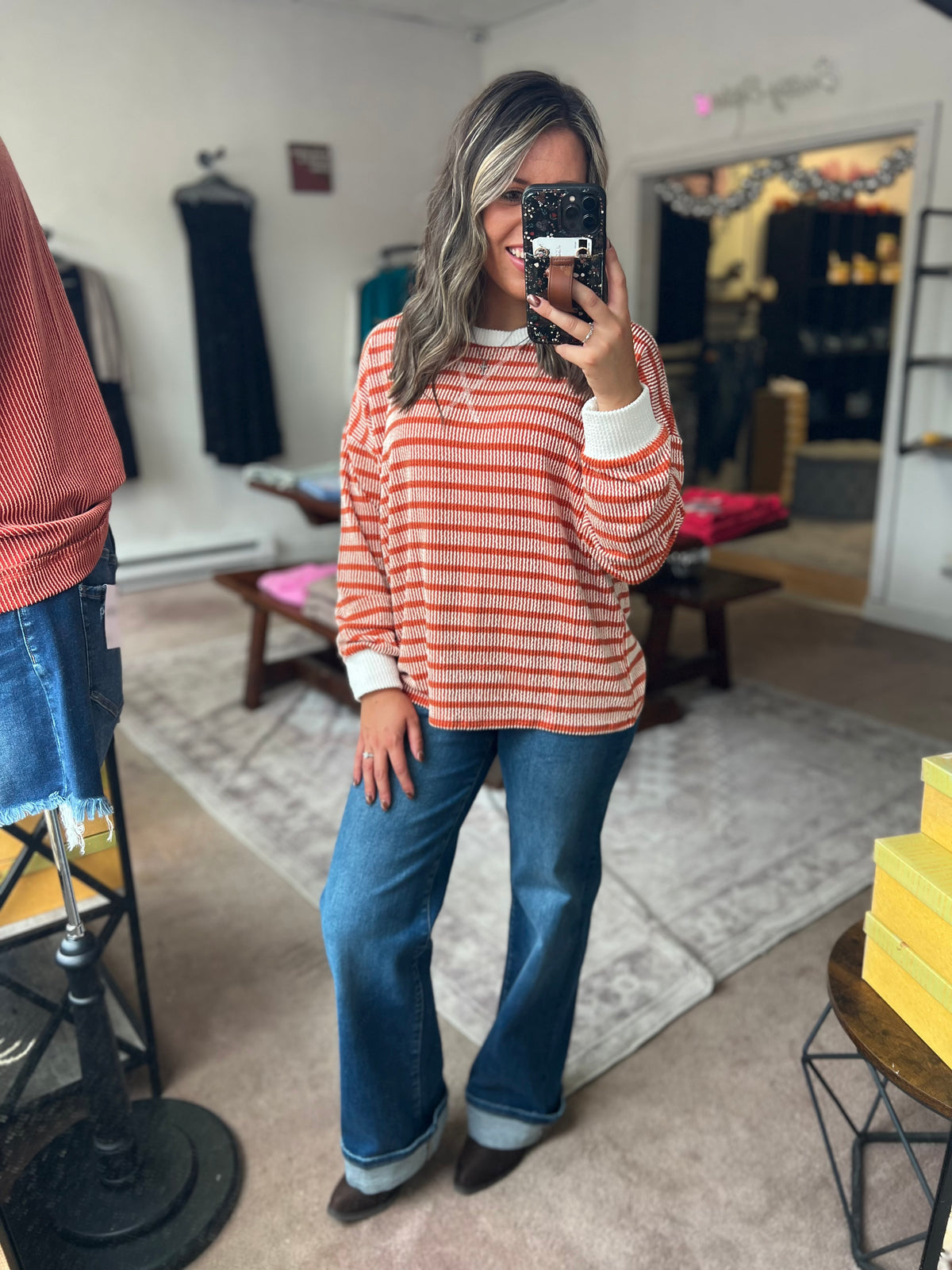 Raised Rib Striped Top, Burnt Orange