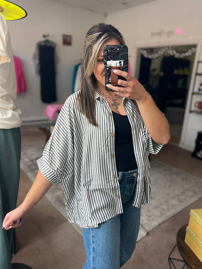 Oversized Stripe Button Up, Black