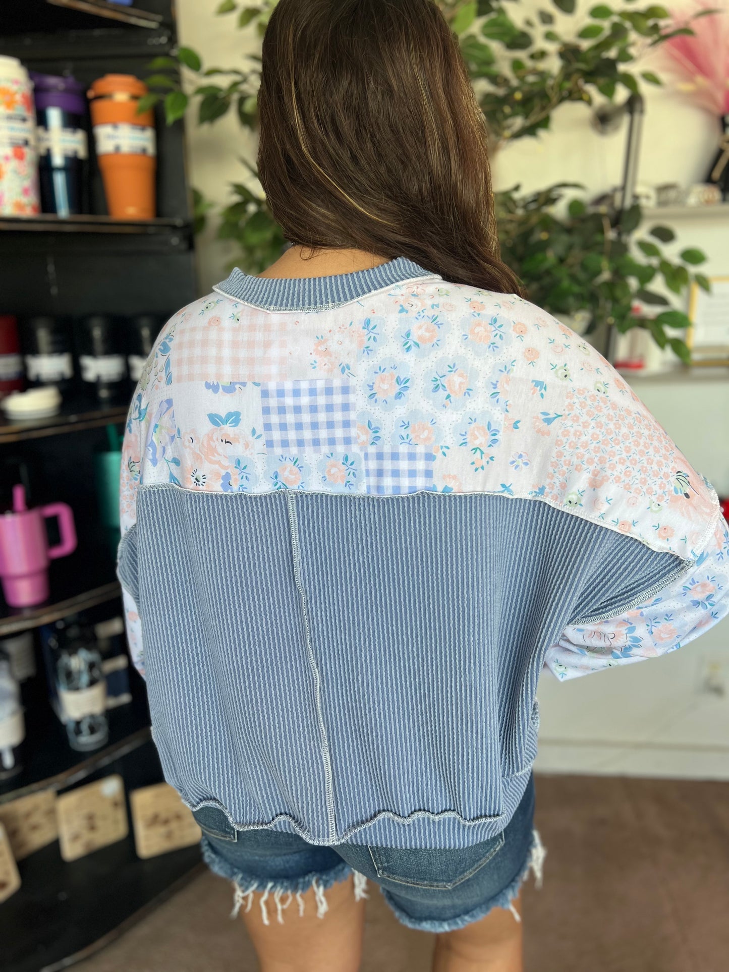 Floral Patchwork and Ribbed Top, Blue