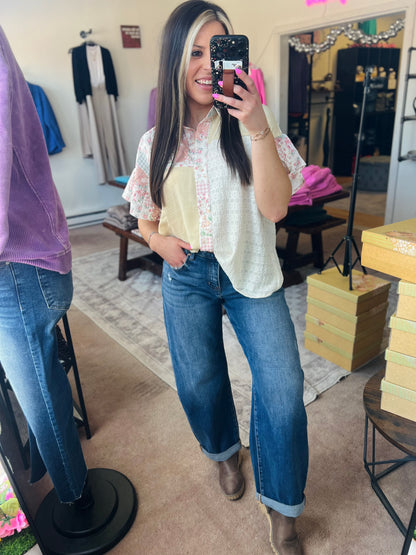Floral Colorblock Button Down Blouse