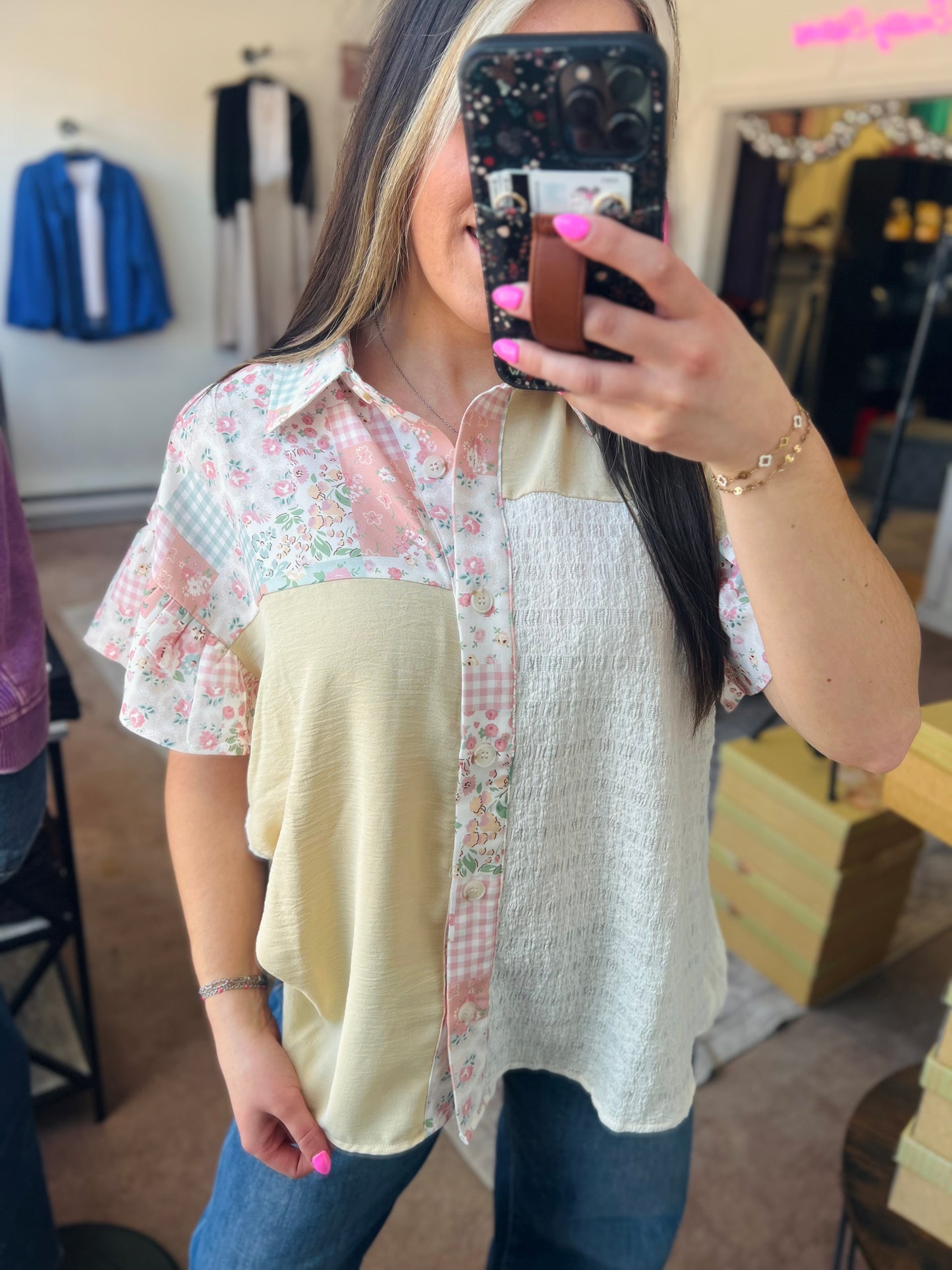 Floral Colorblock Button Down Blouse