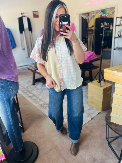 Floral Colorblock Button Down Blouse