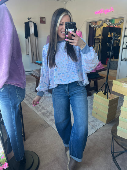 Floral Patchwork and Ribbed Top, Blue
