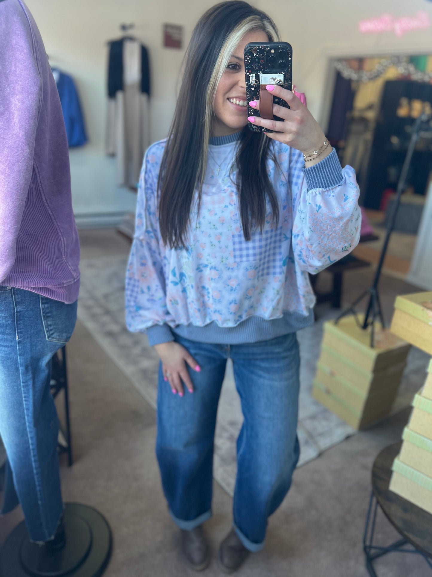 Floral Patchwork and Ribbed Top, Blue