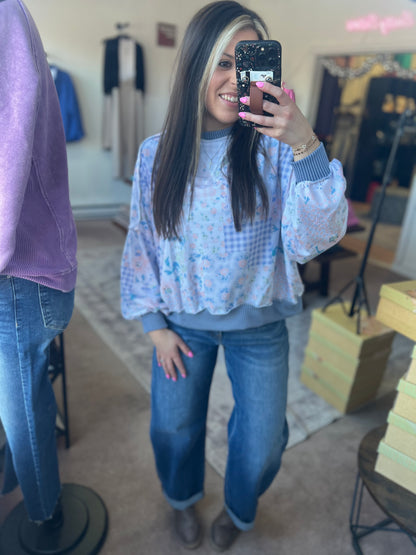 Floral Patchwork and Ribbed Top, Blue