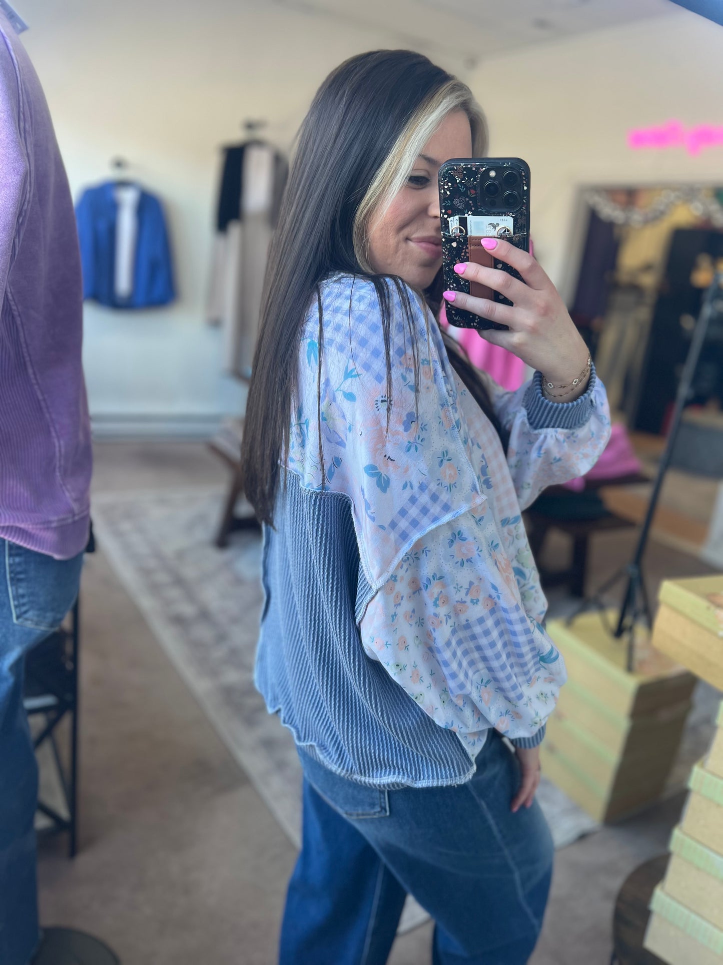 Floral Patchwork and Ribbed Top, Blue