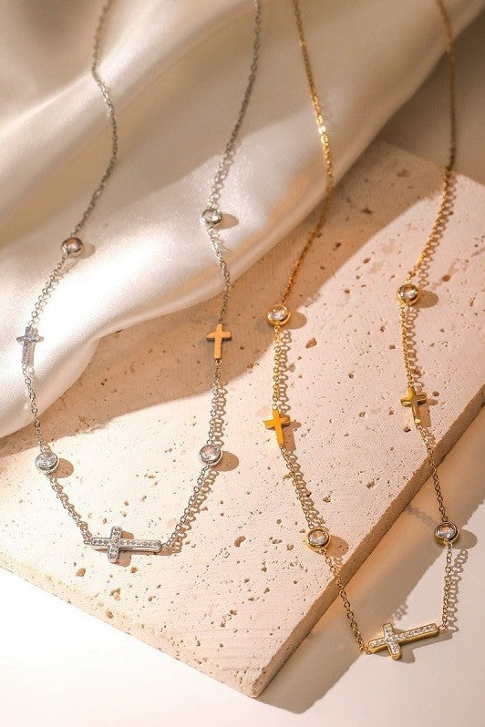 18k Stainless Steel Cross/Crystal Necklace