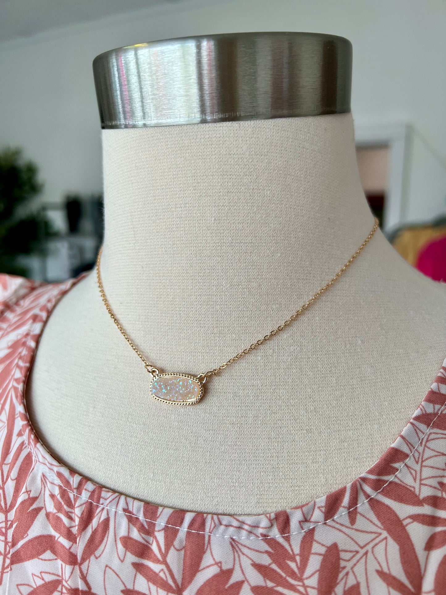 Oval Druzy Necklace, Gold Iridescent