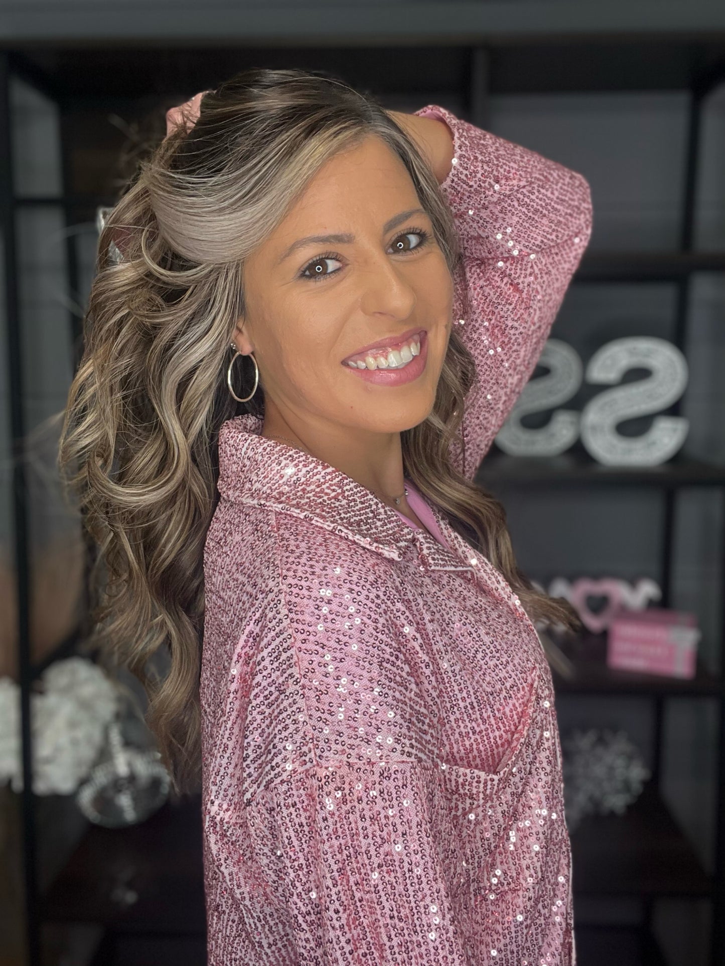 Showstopper Sequin Button Up Top, Pink